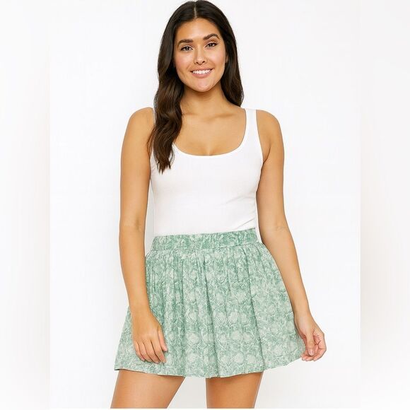 American Eagle Linen Blend Green Floral Pattern Pleated Full Mini Skirt, S - Picture 1 of 8
